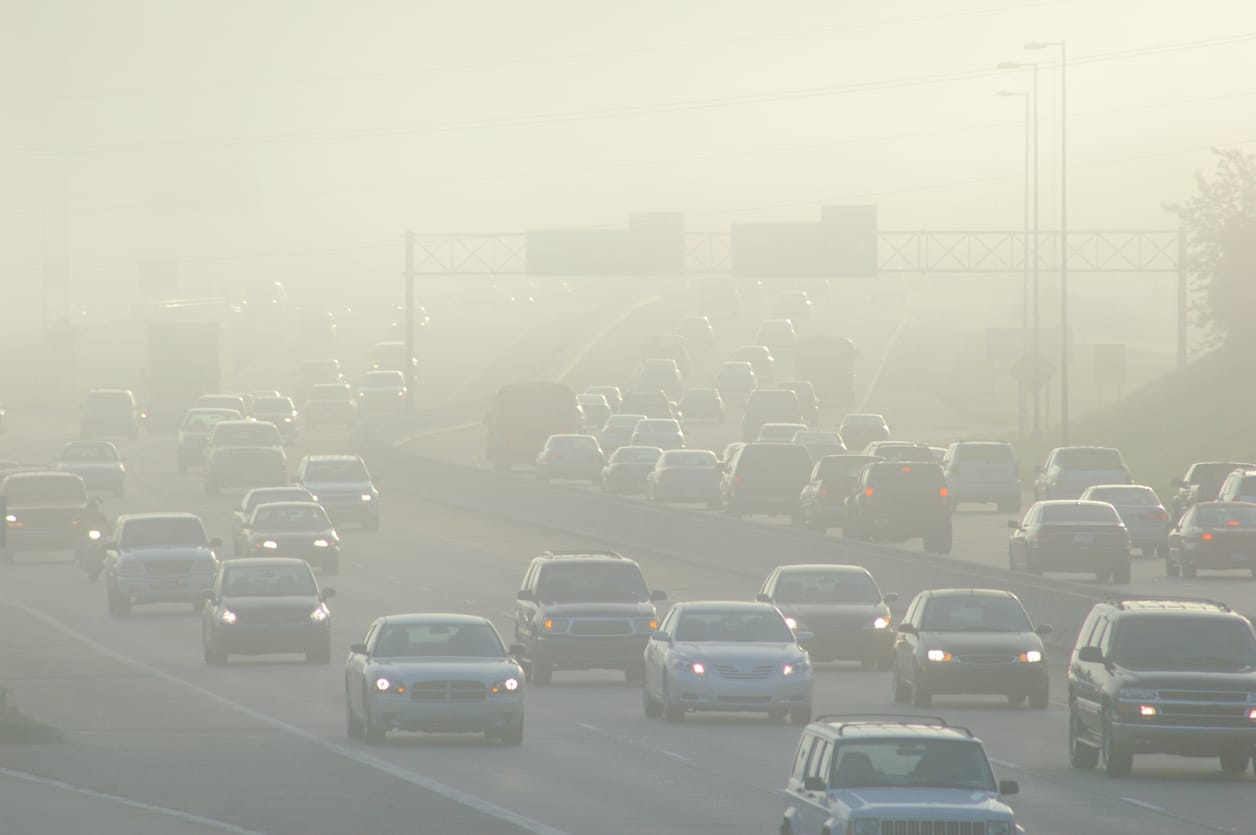 Smog in rush hour traffic.