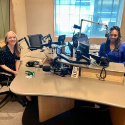 Dr. Alice Knoedler of Midwest Allergy and Asthma and Angela Davis of MPR news sit across from one another at a table in MPR's studio