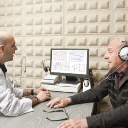 Senior man taking a hearing test