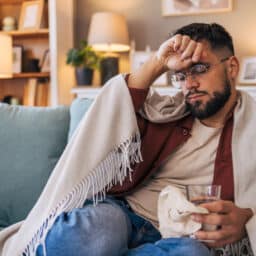 A mid-adult sick man sitting on the sofa in the living room
